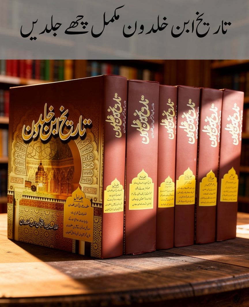 A set of six hardcover books with reddish-brown spines and gold decorative covers, arranged on a wooden table in front of a blurred library background. Urdu text appears at the top of the image.