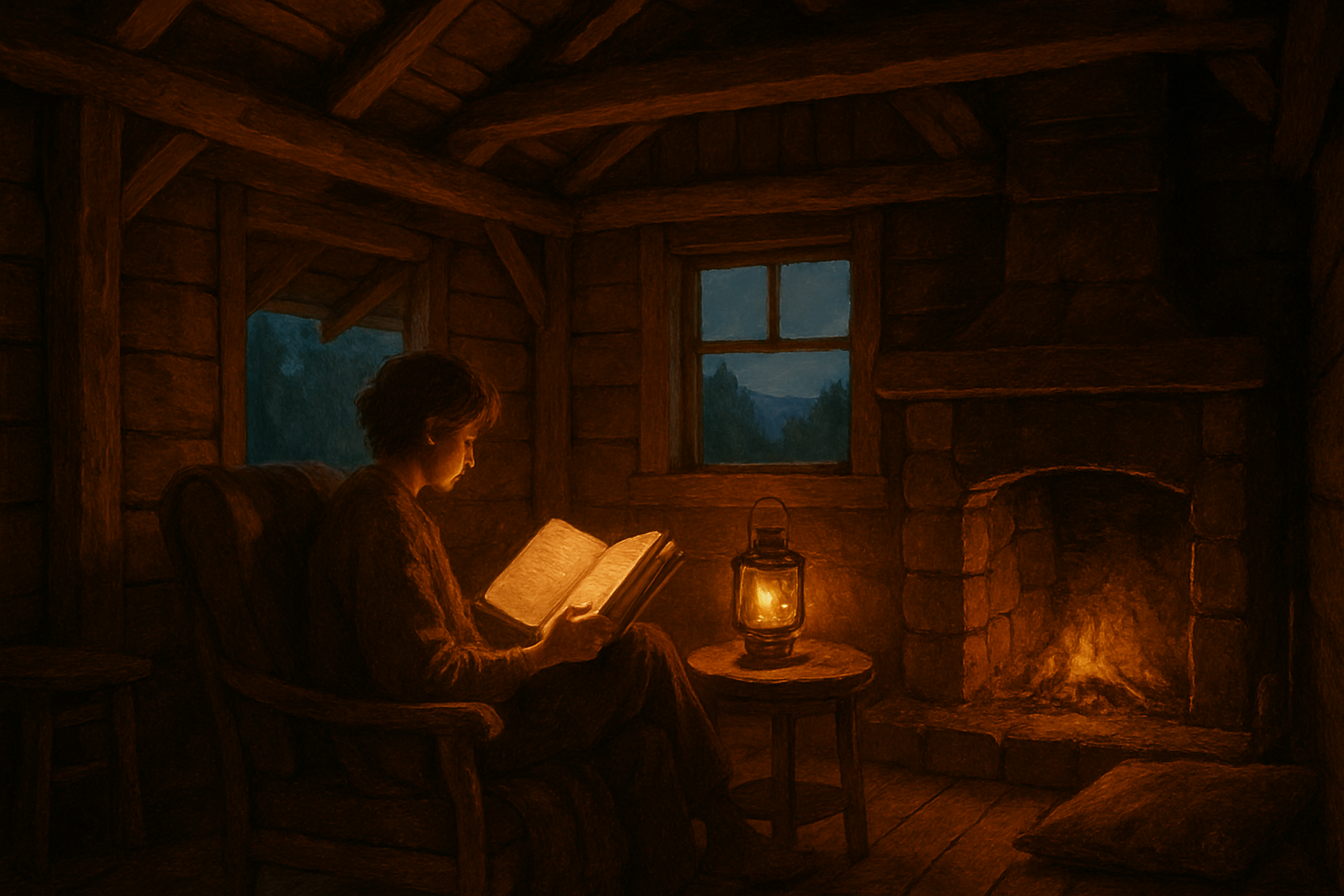 reading book in a hut !